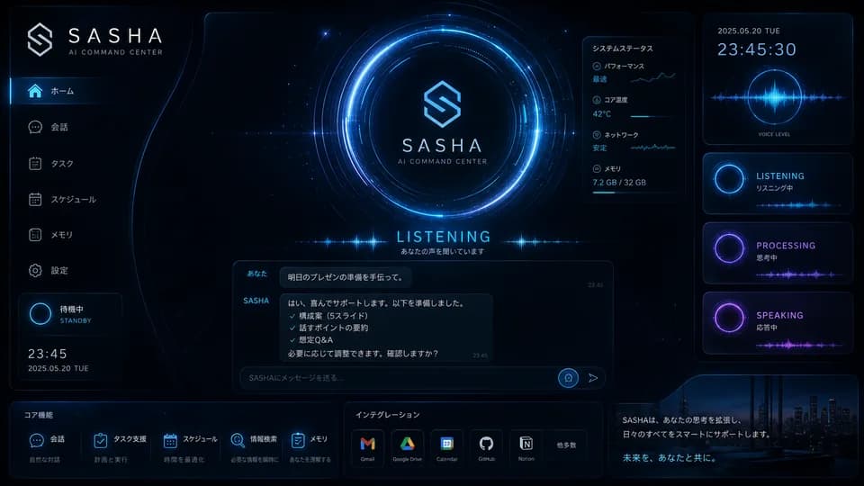 SASHAの公開用Concept UI静止画。実機操作・AI連携ではありません。